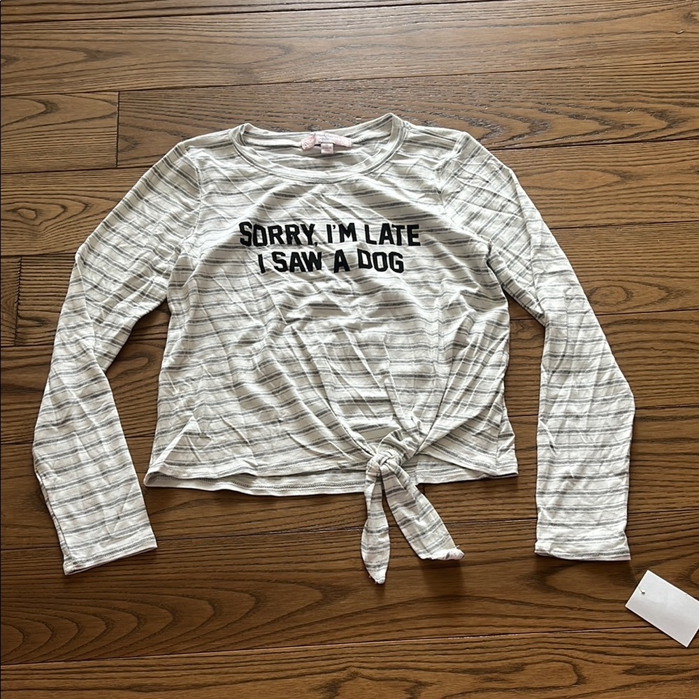 Moa Moa White and Gray Crop Tie Front Long Sleeve Tee